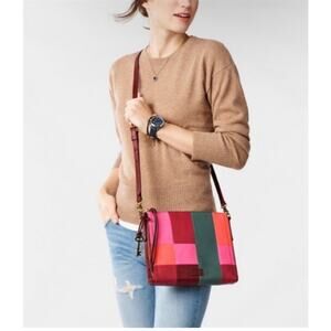 FOSSIL Emma Leather Patchwork Crossbody Bag GUC Red/Pink/Orange/Gray